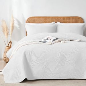 VIVA FINO Couvre-lit 220x240 cm Blanc,Boutis Matelass&eacute; en Polyester Doux,Motif Feuilles D&eacute;coratif,Confort L&eacute;ger et Doux,pour Lit Double et Canap&eacute;,Convient &agrave; Toutes Les Saisons (Joer&Linry, neuf)