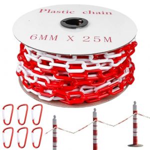 BAIFULAI Chaîne de délimitation de 25 m, 6 mm, en plastique rouge et blanc, avec 6 mousquetons, chaîne en plastique/plastique, chaîne de sécurité de chantier, chaîne à maillons pour le verrouillage (zhouxutao, neuf)