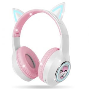 AXFEE Casque Audio Bluetooth sans Fil pour Enfants, Casque Cat Pliable avec LED Flash Lumi&egrave;res Glow, Casque Bluetooth 5.3 pour Enfants, sans Fil/Filaire, pour Ecole, Tablette, T&eacute;l&eacute;phone(Blanc) (Ouuze, neuf)