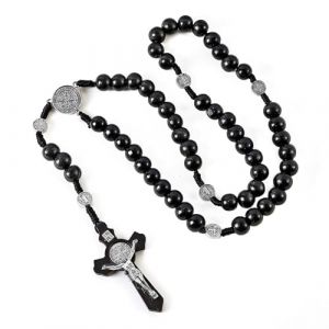 Chapelet Collier Croix Chretienne Homme Femme Noir Collier Chapelet Catholique Médaille Crucifix en Bois Rosaire de Prière, Saint Benoît Communion Religieuse, Baptême, Messe, Bible (crsqx, neuf)