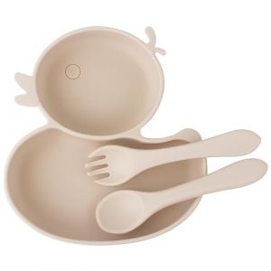 nohlerlife Assiette Bébé et Cuillère Fourchette Silicone Avec 2 Compartiment, Assiette Enfant Bol à Ventouse pour Bébé, Adapté au Lave-vaisselle et au Four à micro-ondes (Beige) (Lightening-EU, neuf)