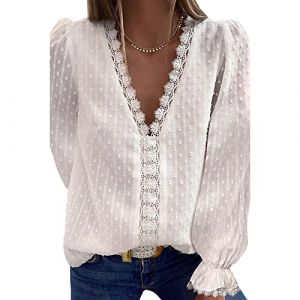 Bipily Chemisier Femme Dentelle Décontracté Col V Élégant Couleur Unie Vintage Manches Longues Casual Dentelle Blouse(Blanc,M) (Bipily FR, neuf)