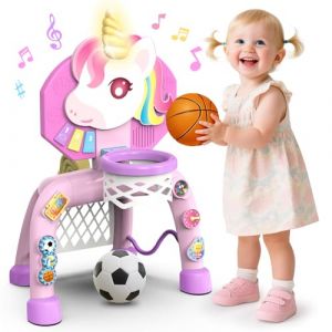 POPERFUN Panier Basket Enfant et But de Football, Jouets Licorne Fille de 1-3 Ans,Mini Panier Basket avec Lumi&egrave;res et Musique, Jouet d'&eacute;veil pour B&eacute;b&eacute; 12-36 Mois, Cadeaux d'anniversaire de No&euml;l (Quliri O&Uuml;, neuf)
