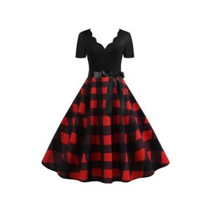 EFOFEI Femme Robe &agrave; Carreaux &agrave; Manches Courtes Robe Hepburn Rockabilly Swing Robe &agrave; Pois &agrave; Col en V Rouge 3XL (MILKCHOCLAT, neuf)