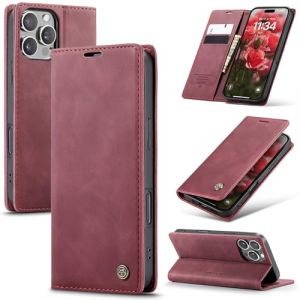 Samokor Coque pour iPhone 16 Pro 5G Housse Cuir Premium Etui Rabat Pochette Portefeuille Fentes Cartes Magn&eacute;tique,&Eacute;tui Protection pour iPhone 16 Pro 5G,Vin Rouge (Haoxin20, neuf)
