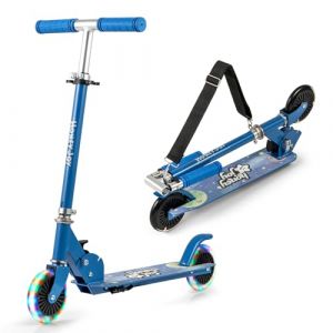 GYMAX Trottinette Pliable, Scooter pour Enfants 3 Ans+, Roues Lumineuses, Hauteur Réglable 68-78cm, avec Béquille Arrière, Sangle de Transport, Cadre Robuste en Aluminium (Bleu) (GYMAX EU, neuf)