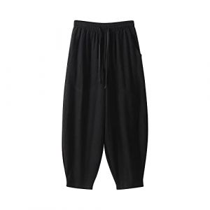 Pantalon sarouel baggy en lin pour homme - Couleur unie - Large - Pantalon de loisirs - Grande taille - Coton et lin - Pantalon de survêtement ample - Pantalon sarouel décontracté - Pantalon de plage (P-MDKLSPQ, neuf)