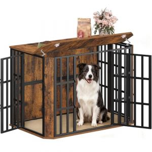 Hzuaneri Cage pour Chien, Heavy Cage en Bois avec Porte d'alimentation Supérieure, Design Multi-Portes, Grande Table d'appoint pour Cages pour Chien, 108 x 66 x 77 cm, Marron Vintage DFC87801B (Hzuaneri FR, neuf)