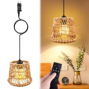 Suspension Rotin, Suspension Boho E27, Lustre Boheme Avec 500 cm C&acirc;ble, Suspension Luminaire, Lustre Rotin, Suspension Bois, Lustre Salle &agrave; Manger pour Terrasse Balcon Cuisine Chambre &agrave; Coucher (CEANNA, neuf)