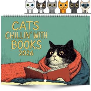 Calendrier mural 2026 avec chats Chillin' avec livres, calendrier mensuel, grand calendrier mural amusant pour d&eacute;coration d'int&eacute;rieur, bureau, cadeaux de No&euml;l pour la famille, papier &eacute;pais brillant (Canadian Store-Tkx, neuf)