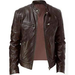 Veste en cuir PU pour homme, noir, couleur unie, blouson de motard, chaud, coupe-vent, avec poches, pour les sports de plein air, style vintage, marron, XXL (Qi&Qi, neuf)