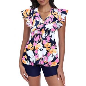 Ecupper Maillot de Bain Femme 2 Pieces Push Up Tankini Set Taille Haute Shorty Col en V Maillot de Bain &agrave; Volants Orange 3XL (Ecupper Store, neuf)