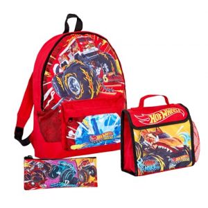 Hot Wheels Monster Trucks Sac &agrave; dos + sac &agrave; d&eacute;jeuner + trousse &agrave; crayons pour gar&ccedil;on 3 pi&egrave;ces, Rouge, Taille unique, Sac &agrave; dos (Lora Dora, neuf)