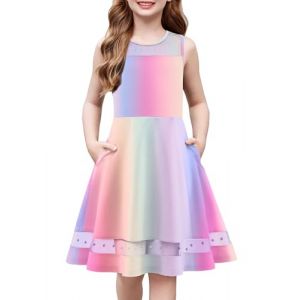 Arshiner Robe pour Filles Robe D'&eacute;t&eacute; Arc-en-Ciel sans Manches pour Enfants Robe de F&ecirc;te en Maille Robe d'&eacute;Cole Robe d'anniversaire avec Poches 12-13 Ans (Arshiner Store, neuf)
