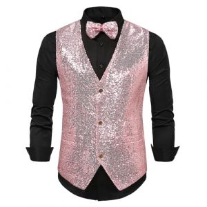 Gilet &agrave; paillettes pour homme - Gilet de costume avec n&oelig;ud papillon - Disco - Carnaval - Costume de f&ecirc;te &agrave; th&egrave;me - Sans manches - Col en V - Blazer brillant - Pour mariage, f&ecirc;te, f&ecirc;te, bal de fin (Meimessle, neuf)