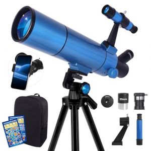 YENGUAN T&eacute;lescope pour adultes & enfants - 80500 t&eacute;lescope r&eacute;fracteur pour d&eacute;butants, portable avec sac &agrave; dos, support pour t&eacute;l&eacute;phone portable - Version bleu &eacute;lectrique (Guanxingji-EU, neuf)