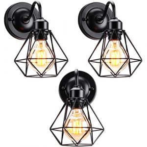 iDEGU Lot de 3 Appliques Murales Intérieures Design Industriel Luminaire Abat-jour de Diamant Cage en Métal Noir 16CM Vintage Lampe Murale pour Salon Chambre Cuisine Couloir Café (3 Pièces, Noir) (IDEGU, neuf)