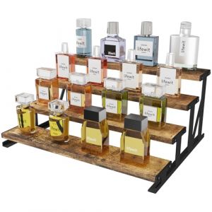 Lifewit Pr&eacute;sentoir en Bois &agrave; 4 Niveaux avec Support en M&eacute;tal, 35,3 cm Step Cologne Stand, Perfume Organizer, Display Shelf for Fragrance, Skincare, Figures, Spice, Tabletop, Cabinet, Brun Rustique (Lifewit Home FR, neuf)