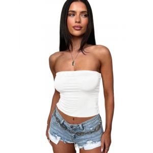 Sukiglam Bandeau Tube Top Femme Sexy Hauts &Eacute;t&eacute; sans Bretelles D&eacute;bardeur sans Manches Court Basic Crop Tops &Eacute;lastique Slim Fit Shirt Dos Nu Y2K Casual Couleur Unie Bustier Sport Chemise (Sukiglam Store, neuf)