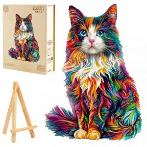 PASJO Puzzle en bois pour adultes Chat color&eacute; 200 pi&egrave;ces Bo&icirc;te en bois Mini chevalet en bois Puzzle (PASJO, neuf)