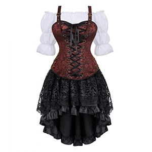 Josamogre Corset Jupe Robe Chemises 3 Set Pirate Femme Bustier Steampunk Bretelles Top Sexy Halloweenn Vetement Viking Brun 7XL (Josamogre Corset, neuf)
