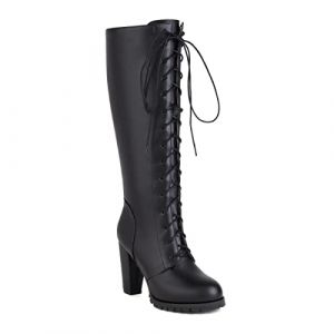 JIEEME Bottes &eacute;l&eacute;gantes en mat&eacute;riau synth&eacute;tique avec bout rond, talon carr&eacute;, fermeture &eacute;clair, lacets, talon haut avec 9,5 cm de hauteur, genou-hautes, pour femme, grandes tailles 35-46 T76-52, Noir (成都美妮儿贸易有限公司, neuf)