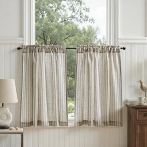 TOPICK Rideau Cuisine Brise Bise, Rideaux Court a Rayure, Lot de 2 Gris sur Beige 90L x 75H cm, &agrave; Passe Tringle, Parfait Decration pour sous Evier Fen&ecirc;tre Cache Placard (Audrey Home Fashion, neuf)
