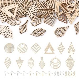 PandaHall Lot de 48 pendentifs en bois non finis pour boucles d'oreilles - Pendentifs en bois vides pour boucles d'oreilles pendantes, charmes en bois vides en filigrane g&eacute;om&eacute;trique pour la (Yilisi Jewelry, neuf)