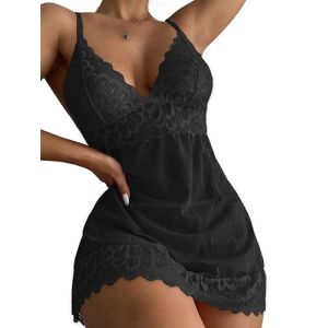 CheChury Lingerie Sexy en Dentelle Babydoll avec String Femmes Pyjama Sexy Chic Ensembles de Lingerie en Dentelle Ensemble sous-V&ecirc;tements Col en V Nuisette Robe de Nuit 2 Pi&egrave;ces,Noir,L (LYworld, neuf)