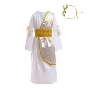 Lito Angels Deguisement Costume Robe de Déesse Grecque Romain Antique avec Bandeau Couronne Laurier pour Enfants Filles Taille 7-8 ans, Blanc Or (étiquette en tissu 0M) (Lito Angels FR, neuf)