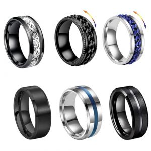 FOSLXIN 6 PCS Bague Hommes Acier Inoxydable, Argent Noir Tournante Cha&icirc;ne Rock Bague, Bagues Argent Mat Poli Noeud Celtique Vintage Gothique Anneaux Mariage Promise Bande Anneau Taille (10) (lixingmaoyi-, neuf)