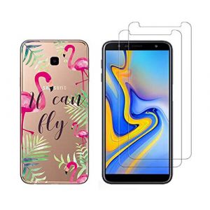 NOVAGO Compatible avec Samsung Galaxy J4 Plus/J4 +/J4 Core -Coque Souple Solide Anti Choc avec Impression + 2 Films Protection &eacute;cran Verre tremp&eacute; r&eacute;sistant (Flamant Rose) (NOVAGO-Vendeur PRO fran&ccedil;ais, neuf)