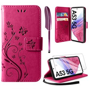 AROYI Coque Compatible avec Samsung Galaxy A53 5G, Retro Design PU Etui Housse en Cuir Portefeuille de Protection Fonction Stand Video Porte Carte Credit Ticket Flip Case Rouge (TongJo, neuf)