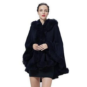 BEAUTELICATE Poncho Fourrure Châle Étole Cape à Capuche Tricoté Manteau avec Col de Fourrure Pour Femme Automne Hiver Mariage Soirée Gala(Taille unique, Bleu Marine) (BEAUTELICATE-FR, neuf)