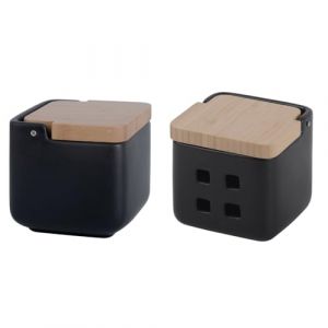 KOOK TIME Set d'accessoires de cuisine - Comprend salière de cuisine et pot à ail - Pot à ail et salière de cuisine avec couvercle basculant - Céramique et bambou - 11,5 x 11,5 x 11,5 cm (Set 2 noir) (Kook Shop, neuf)