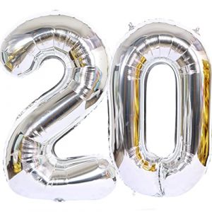 Ballon Anniversaire 20 Ans argent&eacute;, 100 CM Ballon Chiffre Num&eacute;ro 20 argent&eacute; D&eacute;coration Anniversaire 20 Ans D&eacute;coration F&ecirc;te Vole Gr&acirc;ce &agrave; l'H&egrave;lium Happy Birthday Deco Ballons 20 Ans Anniversaire (Hongyantech, neuf)