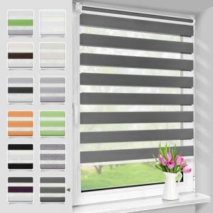 Deswell Store Enrouleur Jour Nuit sans Per&ccedil;age, Gris Fonc&eacute; 110 x 110cm (Largeur du Tissu 106 cm), Facile &agrave; Installer avec Clips pour Fen&ecirc;tre & Porte Protection Solaire (WanMi, neuf)