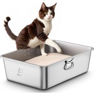 Bac Litiere pour Chat en INOX avec Poignées, Bac à Litière pour Grands Chats et Lapins, Caisse Chat Litiere XXL, Litiere Toilette pour Maine Coon, Anti-Adhérent, Anti-Odeurs, Facile à Nettoyer (ICOYEA, neuf)