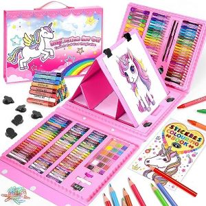 HappyGoLucky Cadeau Fille 3 4 5 6 7 8 9 10 ans, Malette Dessin Enfant Crayon de couleurs Palette Aquarelle Cadeaux de No&euml;l Jouet Fille 3-10 ans Coloriage Crayons de Cire Licorne (L'Univers Jeux, neuf)