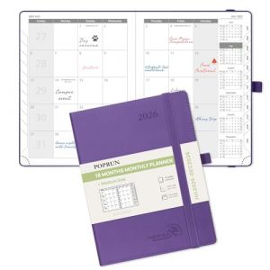 POPRUN Agenda mensuel 2025-2026 format A5 22 x 16,5 cm (18 mois : juin 25 à décembre 2026), couverture souple en cuir synthétique, début du dimanche, onglet mensuel (violet) (Time Works Wonders, neuf)