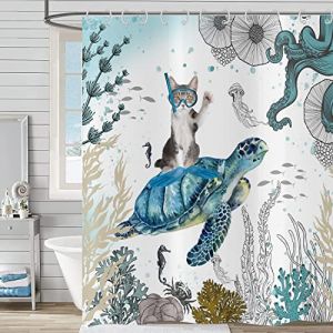 Hnmdmyi Rideau de Douche Dr&ocirc;le 120x180, Chat Mignon chevauchant Une Tortue de mer Rideau de Bain Oc&eacute;an Paysage sous-Marin R&eacute;cif corallien Animaux Marins Enfants Tissu &eacute;tanche Lavable Rideau de Bain (Hnmdmyi, neuf)
