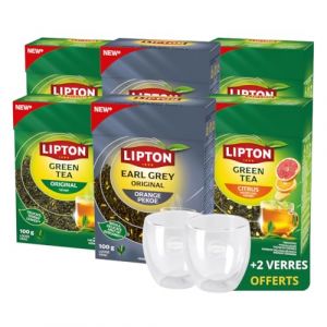 Lipton - Th&eacute; en Vrac 6&times;100 g -Th&eacute; Vert aux Agrumes, Th&eacute; Vert Nature & Th&eacute; Noir Earl Grey Orange P&eacute;ko&eacute; - Feuilles Longues, 100% Naturel & 2 Verres Lipton Offerts (PENNGUIN-FR-CAMON, neuf)