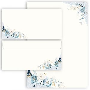 Lot de 40 feuilles de papier à lettre avec enveloppes - Motif fleurs bleues - 20 feuilles de papier à lettre + 20 enveloppes assorties sans fenêtre - Format A4 et DIN long (Paper-Media, neuf)
