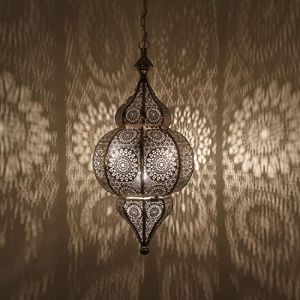 Lampe orientale &aacute; suspension, marocaine - hauteur 54 cm avec E27 - Plafonnier excellent pour superbes effets de lumi&egrave;re | fait &agrave; la main - Lampe argent&eacute;e "Melisa" (Casa Moro, neuf)