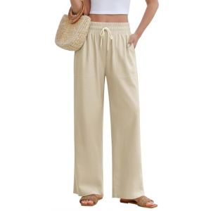 PASUDA Pantalon Femme Fluide &Eacute;t&eacute; Pantalons Lin Taille Haute Elastique Pantacourt L&eacute;ger Ample Jogging D&eacute;contract&eacute;e Large avec Cordon de Serrage Longueur Pants Chic et Elegant avec Poches (Beige, L) (Amutoo, neuf)