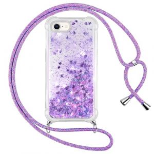Vauki Coque pour iPhone 8/iPhone SE 2020/iPhone 7/SE 2022 avec Cordon, Paillette Liquide Transparent Crystal Glitter Housse, Protection Antichoc Silicone Souple TPU Bumper Case,R&eacute;glable Collier-Violet (HARMONIQUE WAY, neuf)