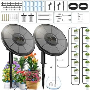 TRJZWA Paquet de 2 Kit Arrosage Automatique Solaire, 2200mAh Arrosage Automatique Systeme, Programmateur Arrosage Solaire Exterieur pour Pot Fleur avec 15M Tuyau Arrosage et D&eacute;tection Du Niveau D'eau (Cosmetic Centers, neuf)