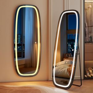 Hzuaneri Miroir sur Pied LED, 160 x 50 cm, Miroir sur Pied avec Support, Miroir Mural, 3 Couleurs de Lumi&egrave;re, Luminosit&eacute; R&eacute;glable, pour la Chambre &agrave; Coucher, Le Salon, Noir DM41801B (Hzuaneri FR, neuf)