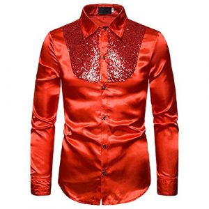 Chemise de fête pour homme, chemise brillante smoking à manches longues pour homme, chemisier brillant à paillettes avec col à revers, chemise ajustée pour club, soirée, bar, cérémonie, rouge, XXL (qiyuesheng, neuf)