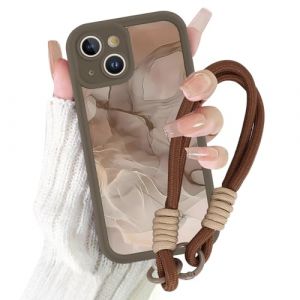 Krdvekm Coque avec Cordon de Bracelet pour iPhone 15 6,1'', Aesthetic Marbre Motif Dessin Souple Silicone Brun TPU Cover avec Lanyard Housse Antichoc Protection Cam&eacute;ra Bumper Case, Biblioth&egrave;que (Nar Hakki, neuf)